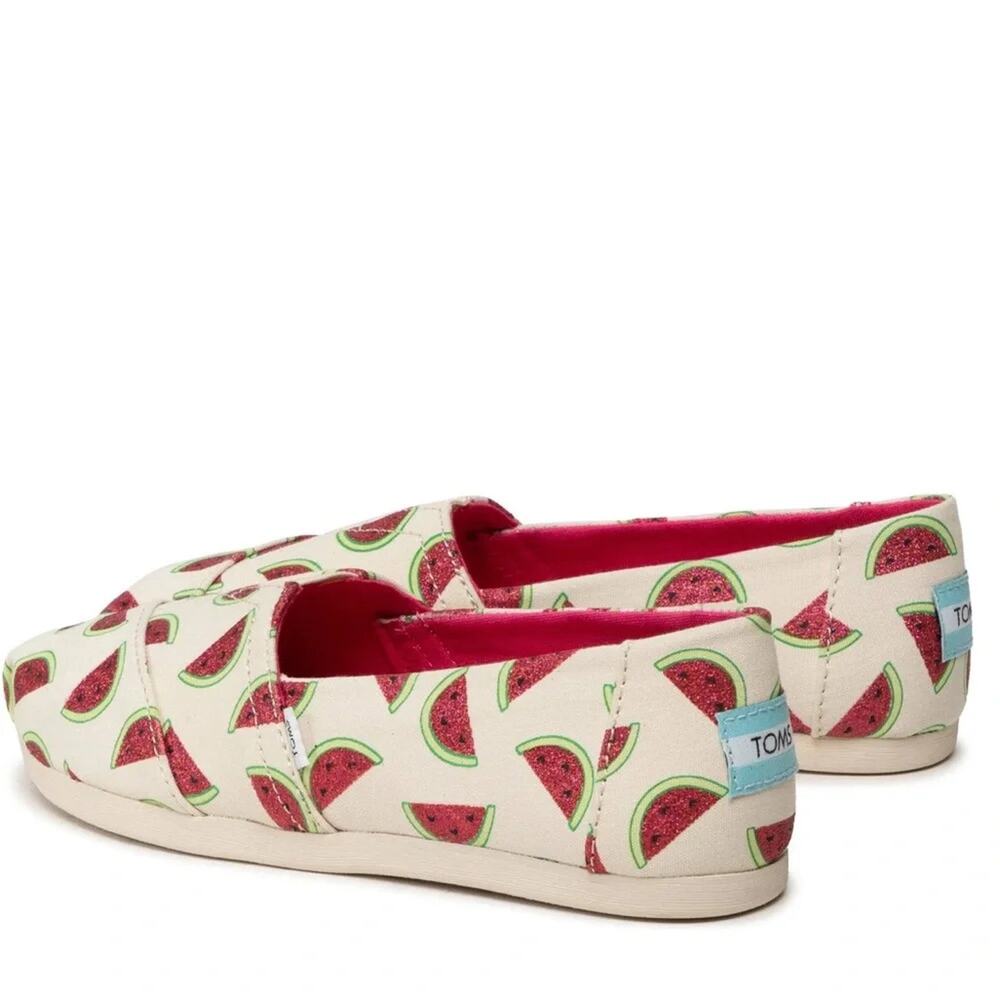 Toms Cream Canvas Slip-On Flats with Pink & Green Watermelon Print